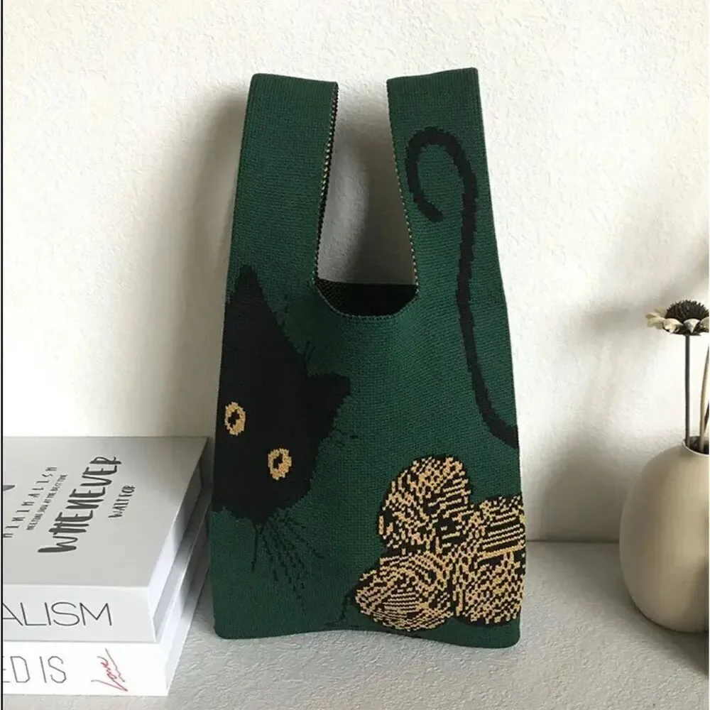 Y2k Green Knit Small Tote Bag Casual Handbag Summer Cat Lover Spring Cottagecore